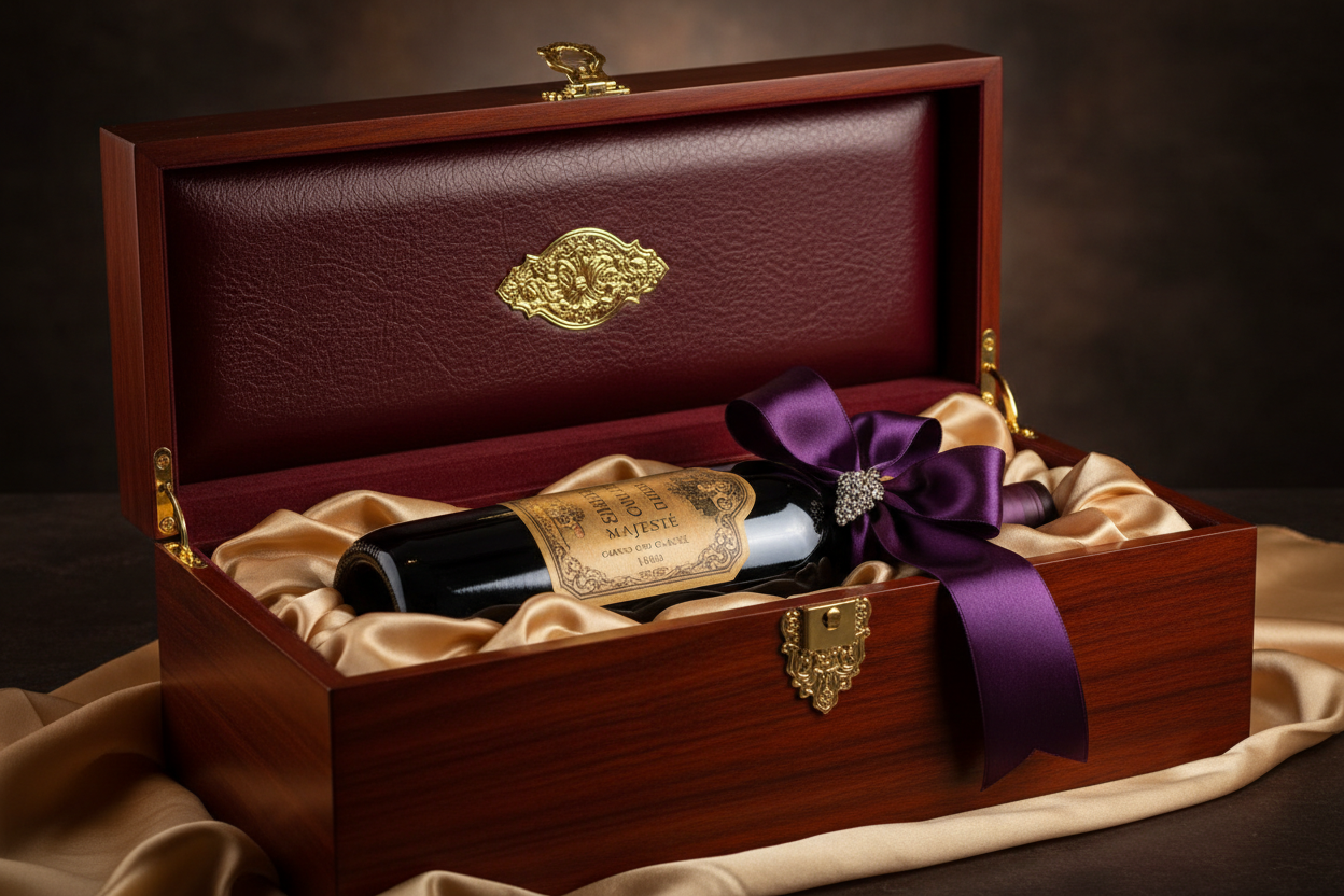 bottiglia pregiata e costosa, impacchettata in una confezione regalo elegante e di lusso con dettagli di lusso come confezionamento di raso, materiali della scatola pregiati e costosi