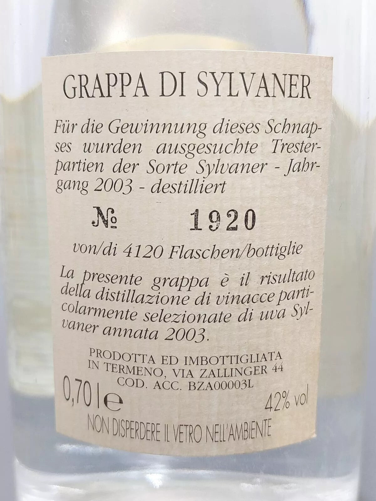 Grappa Sylvaner 2003 Abbazia di Novacella bott. 70 cl