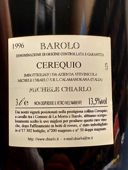 Barolo 1996 Jeroboam Michele Chiarlo Cassa Di Legno bott.3 litri 13.5 %