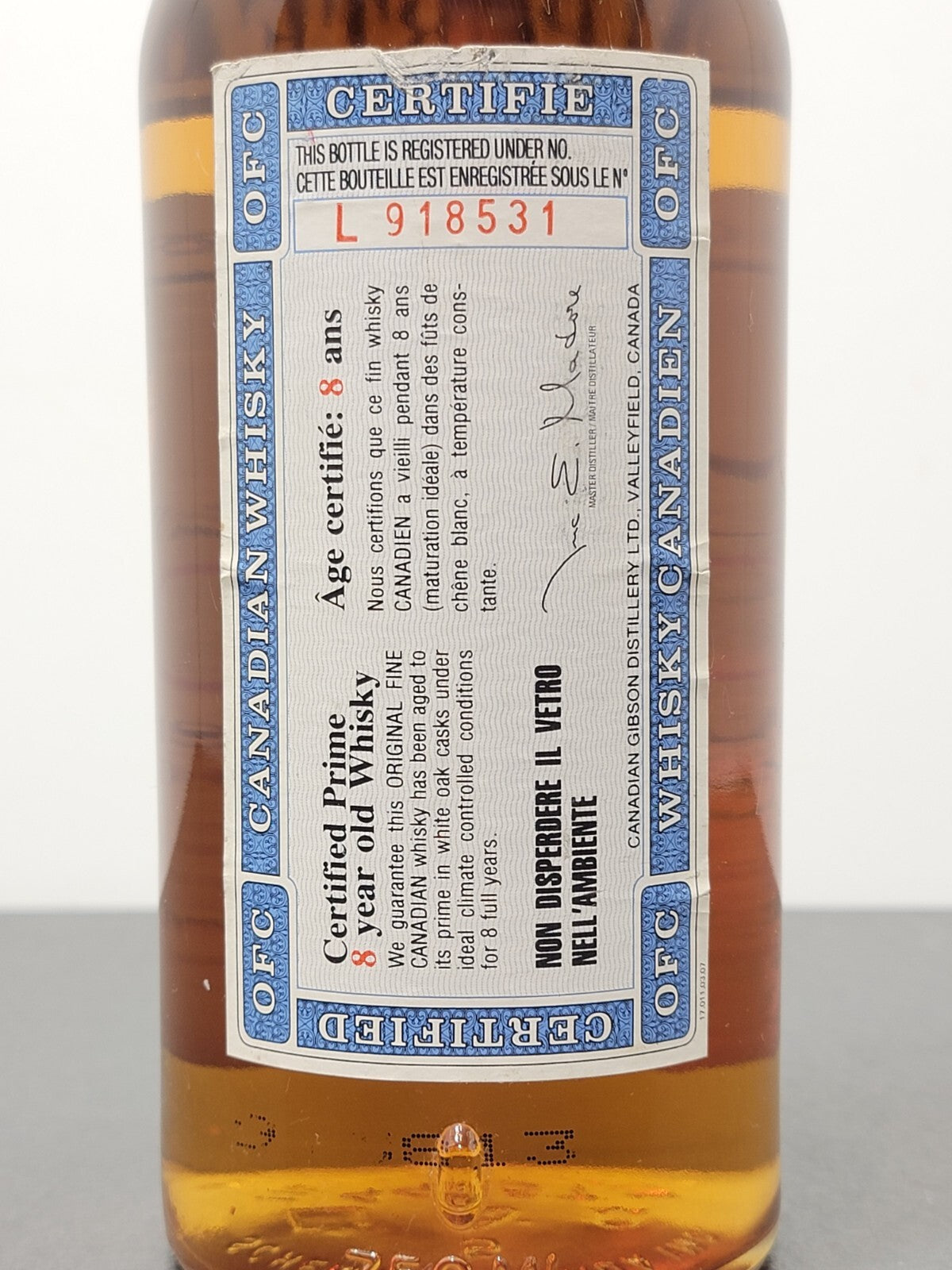 Whisky Canadian O.F.C 8 year 1981 Gibson 86 proof bott.75 cl 43.4%