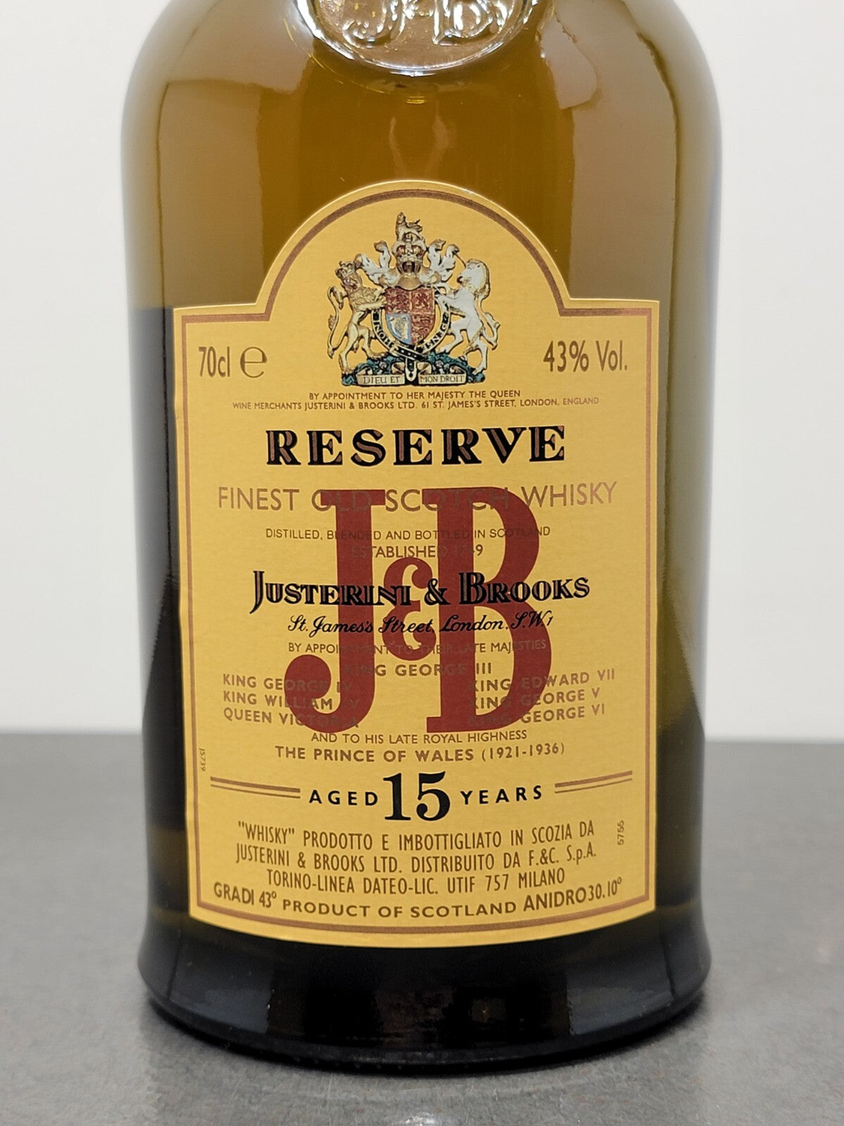 Whisky J & B 15 years Reserve 1980s Fines Old Scotch Whisky bott.70 cl 43 %