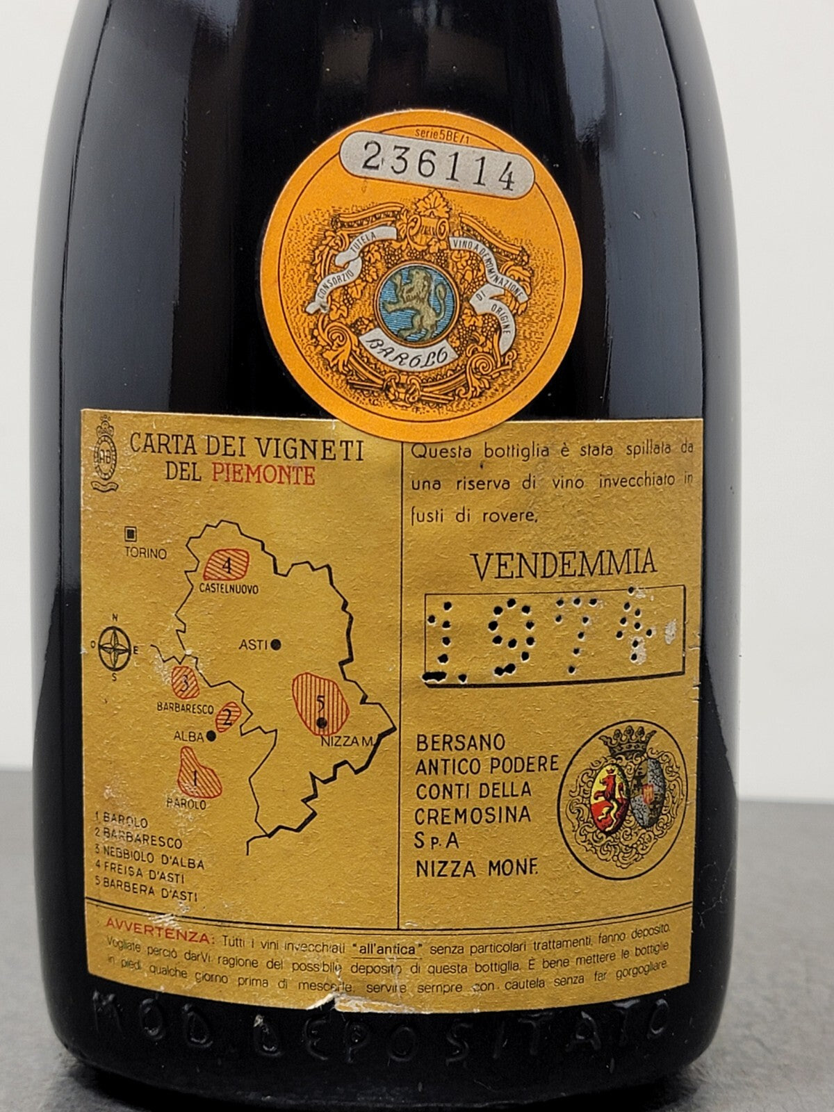 Barolo Bersano Riserva Speciale 1974 Nizza Monferrato bott.75 cl 13%