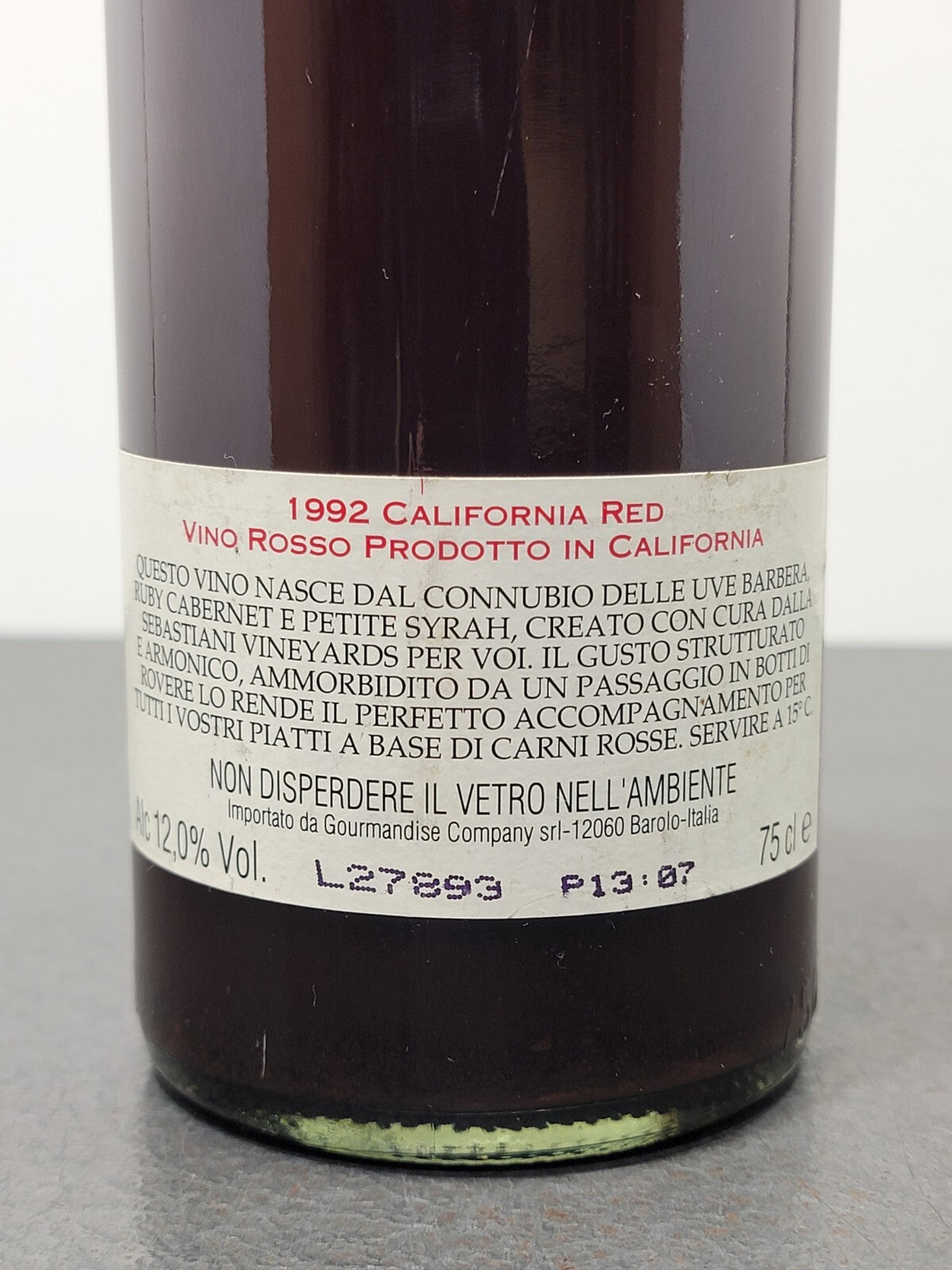 California Red Wine August Sebastiani 1992 bott. 75 cl. 12%