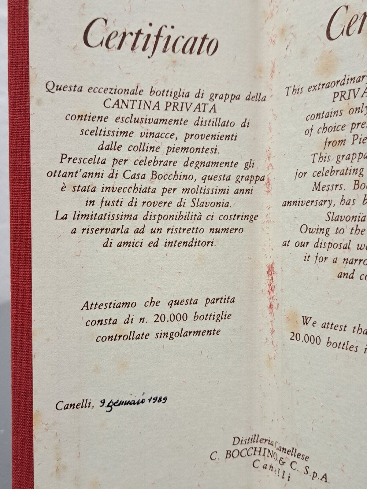 Grappa Bocchino 1979 - 80th Anniversary Cantina Privata bott. 70 cl